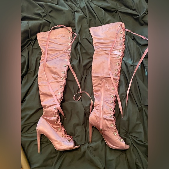 Light Pink Lace-up Stiletto Boots - Picture 6 of 13